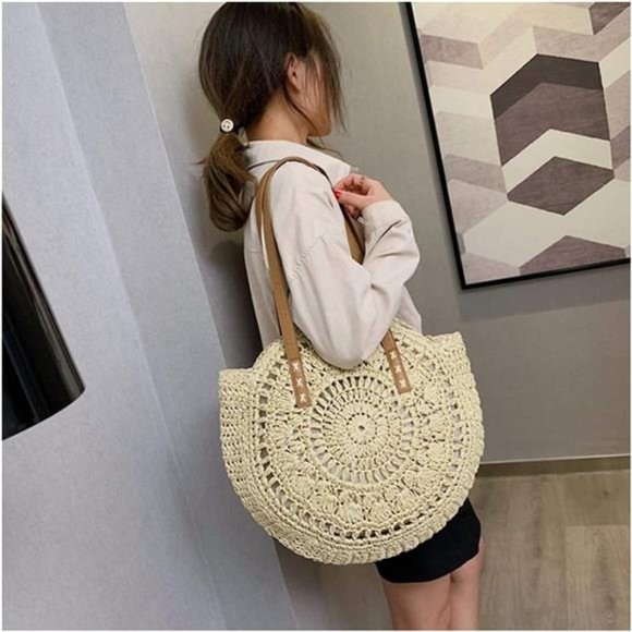 Straw Handbags Women Handwoven Round Corn Straw Bags Natural Chic Hand Large - Picture 2 of 6